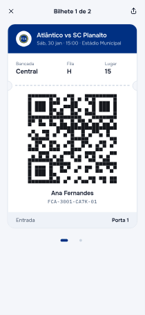 Bilhete digital com código QR, bancada, fila, lugar e porta de entrada.