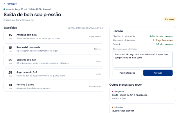Plano de treino dos Juvenis enviado pelo treinador, com os exercícios e a revisão da coordenação.
