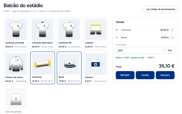 Balcão do estádio no painel da loja: produtos com stock, venda em curso com desconto de sócio e formas de pagamento.