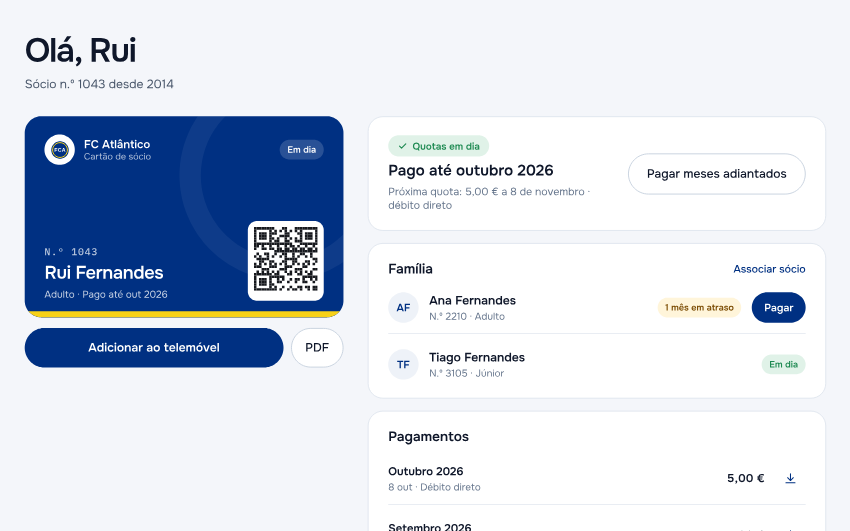 Área de sócio com o cartão, as quotas pagas até outubro, a família associada e os pagamentos.